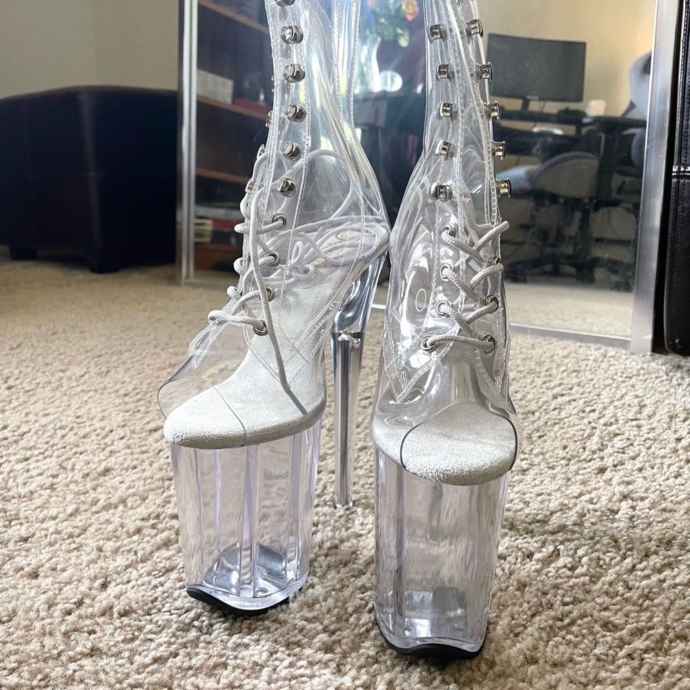 Size 6 8” PVC Clear Open Toed Boots Pleasers
